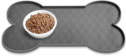 Dog Cat Food Mat,Rapid Absorbent Pet Feeding Mat, Bone Shaped Dog Placemat Water Bowl Mat, 12x18 Dark Grey