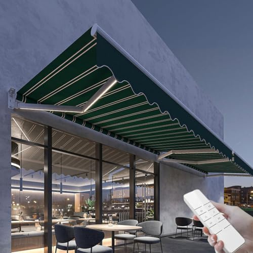 Ausziehbare elektrische Terrassenmarkise mit motorisierten LED-Lichtern, handelsüblicher Sonnenschirm für Fenster, Türen und Balkonüberdachung, Grün, 3 x 2,5 m