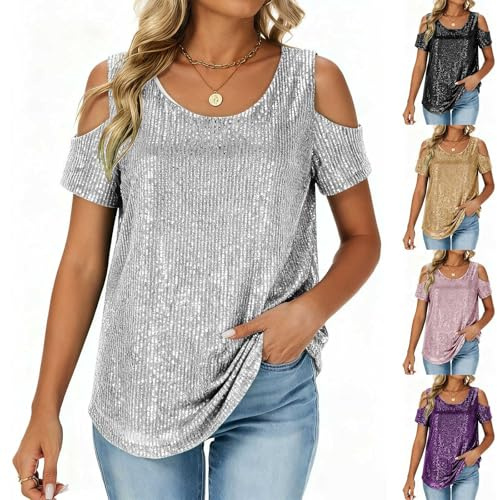 Glitzer Shirt Damen Pailletten Oberteile Kurzarm Bluse Karneval Tshirt Silvester Party Outfit Festliche Blusen Zur Hochzeit Glitzershirt Elegant Longshirt Frauen Top