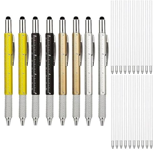 KEWAYO Multi Tool Pen, 6-in-1 Multifunctional Ballpoint Pen with Ruler, Spirit Level, Stylus, Screwdriver, Refills, Creative Gifts for Men (Yellow, Black, Gold, Silver), 8 Pack
