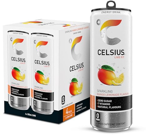 CELSIUS Energy Drink, Sparkling Mango Lemonade, Natural Flavours. No Artificial Colours, Sugar Free Energy Drinks, 355 mL, 4-Pack