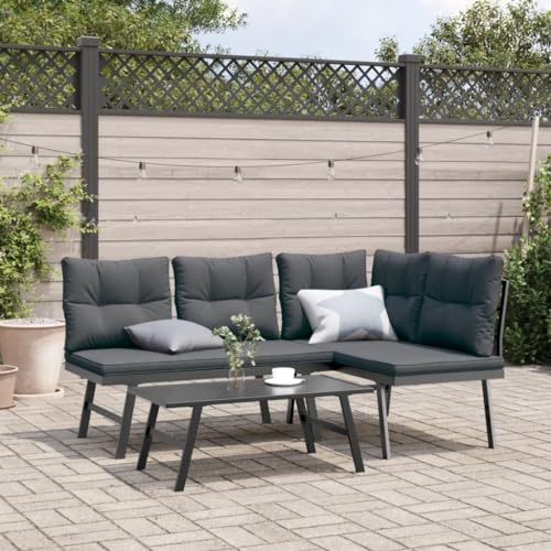 Tonture 3-TLG. Garten-Sitzgruppe, Schwarz pulverbeschichteter Stahl, 173x118x76 cm, mit Kissen, Robustes Outdoor Patio Möbel Set für Terrasse und Balkon, bequemes Seating
