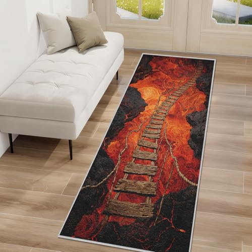 Optische Täuschung Teppich Läufer Flur Rutschfest 80x350cm, 3D Holzbrücke Rot Lava Läufer Teppich Waschbar, Kurzflor Teppichläufer für Flurläufer Küche, Eingang, Korridor Schlafzimmer WFJ120