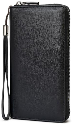 Portmonee Damen mit RFID Schutz Geldbeutel, Portemonnaie, Geldbörse, Brieftasche, Damengeldbeutel, Damengeldbörse lang groß viele fächer Leder Reissverschluss Schwarz