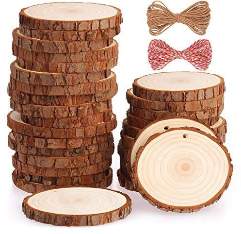 Fuyit Holzscheiben 30 Stücke Holz Log Scheiben 7-8cm mit Loch Unvollendete Holzkreise für DIY Handwerk Holz-Scheiben Hochzeit Mittelstücke Weihnachten Dekoration Baumscheibe(30st 2.8-3.1)