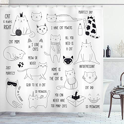 ABAKUHAUS Katzen Duschvorhang, Katze ist Immer Recht Saying, Stoffliches Gewebe Badezimmerdekorationsset mit Haken, 175 x 200 cm, Dunkelbraun Weiß