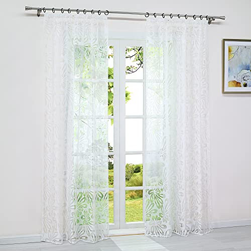 HeichkelL Optik Gardine Ausbrenner mit Kräuselband Blumen-Muster Voile Vorhänge für Wohnzimmer Fenster Dekoschal Luftig Lichtdurchlässig 1 Stück 140x145 cm (BxH) Weiß
