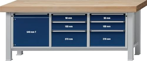 Schwerlast-Werkbank B2250xT800xH900mm Buche 100mm je 2SL 90,180,270mm,1Tür 540mm