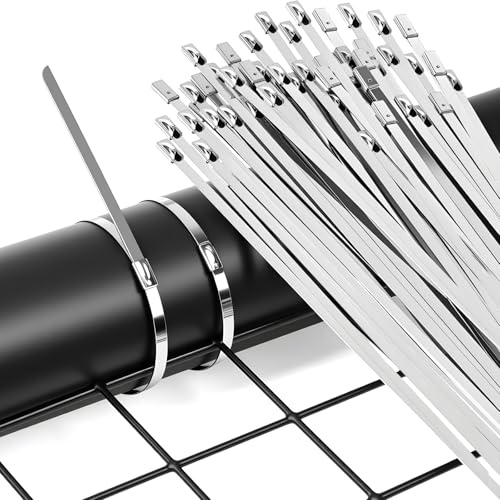200 Pack Metal Cable Ties, 270Lb Strength 300mm Long Metal Zip Ties Heavy Duty Self-Locking Strap Ties, 304 Steel Cable Tie for Exhaust Wrap, Garden Ties, Pipes, Outdoor UV Resistant