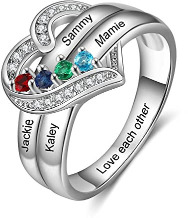 Glooraca Personalisierte Geburtssteine ​​Ring Damenringe mit 1-8 simulierten Geburtssteinen mit Namen 925 Sterling Silber Herz graviert Verlobungsversprechen Ehering Geschenk für Frauen