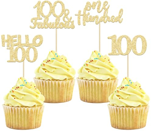Gyufise 24Pcs Gold Glitter 100th Birthday Cupcake Toppers Hello 100 One Hundred Cake Toppers 100 & fabulous Cupcake Picks for 100th Birthday Cake Decorations Supplies