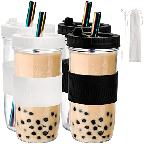 YOUEON 4 Pack 24 Oz/700 ml Reusable Boba Cups with Lids and Straw, Iced Coffee Cups Glass Smoothie Cups, Mason Jar Cup with Silicone Sleeve, BPA Free, Dishwasher Safe, 2 Colors