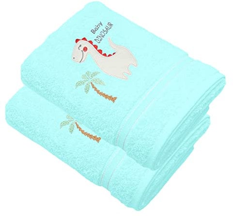 Lashuma 2er Babyhandtuch Set 50x90 cm, bestickte Kinderttücher Bestickt blau, Handtücher Baby Motiv: Dinosaurier