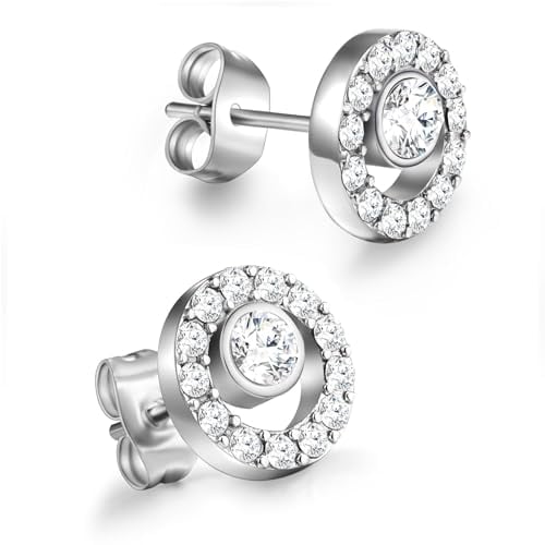 day.berlin Ohrstecker Stone 10mm in Silber, runde Damen Ohrringe nickelfrei mit Zirkonia Kristallen, 316L Edelstahl 1cm Durchmesser 3mm stark