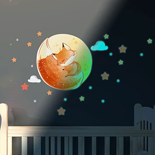 Ambiance Sticker Leuchtend Phosphoreszierend - Verträumter Fuchs - Fluoreszierender Deckenaufkleber für Kinder | H30 x L40 cm + 110 sterne