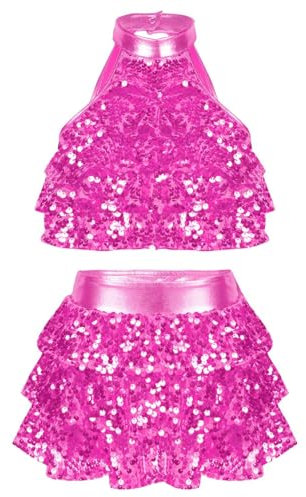 Freebily Vestito da Ballo Bambina Latino Americano Abito da Ballo Paillettes Tutu Crop Top con Gonna di Danza Classica Halter Vestito da Pattinaggio Jazz Salsa Rumba Samba Rosa 7-8 Anni