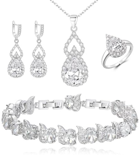 Clearine Schmuck-Set für Damen versilbert Teardrop kubischer Zirkon Halskette offen verstellbaren Ring Ohrringe Armband-Set für Hochzeit/Jubiläum/Muttertag