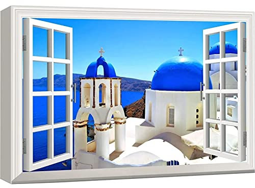 Deertweet Home Fenster Landschaft Mediterrane Landschaft Leinwand Wandkunst Kirchen von Santorini Griechenland Blauer Ozean Klarer Himmel Malerei Schlafzimmer dekor 90x120cm(35.4x47.2) Innenrahmen