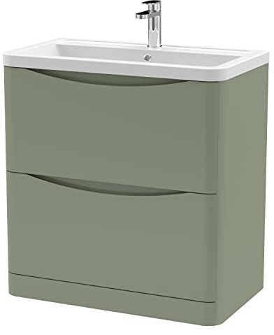 nuie LUN803A Lunar Modern Bathroom Floor Standing 2 Drawer Vanity Basin Unit with Ceramic Basin, 800mm, Satin Green