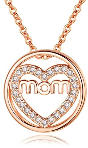Banemi Mama Necklace Rose Gold, Cubic Zirconia Necklaces for Women Copper Mom Round with Heart Cubic Zirconia Women's Fashion Gifts