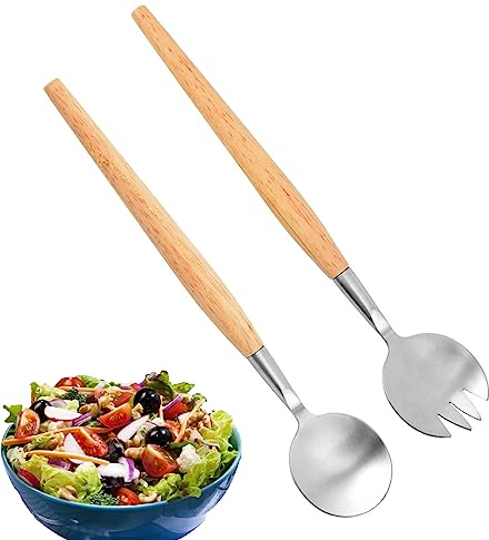 Vastsea 2 Pièces Couverts à Salade, Couverts à Salade Inox, Couverts à Salade avec Manche en Bois, pour Fruits, Nouilles, Cuisine, Dîners