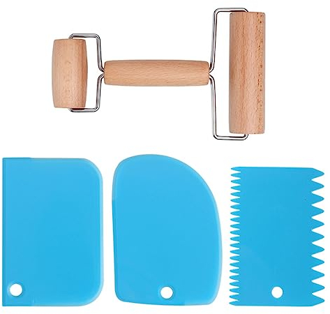 DULSPUE Rodillo Amasar de Madera, Rodillo Masa con 3 Rascador de masa para hacer Pan, Rodillo de madera para hornear pastelería y pizza, utensilios de cocina para hornear