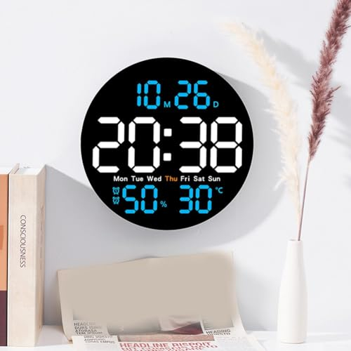 DAZZLEEX Reloj de pared digital LED de 10 pulgadas con alarma de temperatura e higrómetro, reloj electrónico multifuncional para el hogar con temperatura y humedad, reloj silencioso (azul)