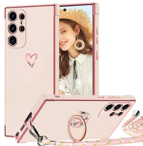 TVVTPU Cover per Samsung Galaxy S24 Ultra con Cordino e 360° Anello Supporto, Custodia Sottile Morbido Silicone TPU Antiurto Dorata Placcatura Protettiva Case con Regolabile Collana Tracolla, Rosa