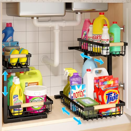 REALINN Organizador para debajo del fregadero, paquete de 2 organizadores y almacenamiento ajustables en altura para debajo del fregadero, organizador de gabinete extraíble de 2 niveles para cocina y