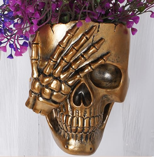 WLDOCA Menschlichen Schädel Figur Blumentopf Pflanztopf Schädel Kopf Totenkopf Modell Übertopf Topf Blumen Pflanzen Dekoration,Gold