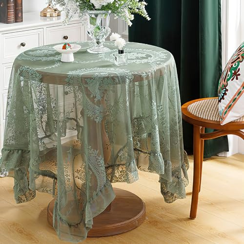 Spitze Tischdecke mit rüschen, Grün Vintage Overlay Rechteckige Spitzentischdecke, französische rustikale bestickte Tischdecke für Hochzeit Party Bankett Empfang, 140x240cm