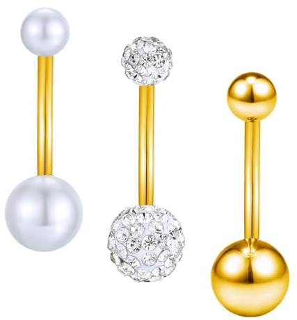 Besyvvin Langes Bauchnabelpiercing 16mm Gold Chirurgenstahl Perle Bauchpiercing Piercing Bauchnabel Ring