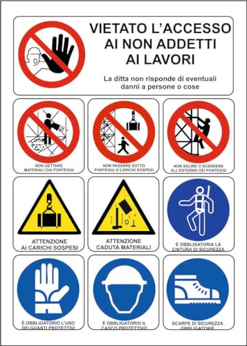 M-ITALY CARTELLO SEGNALETICO - MULTISIMBOLO VIETATO L'ACCESSO AI NON ADDETTI AI LAVORI - Adesivo Extra Resistente, Pannello in Forex, Pannello In Alluminio (15x10, Adesivo)