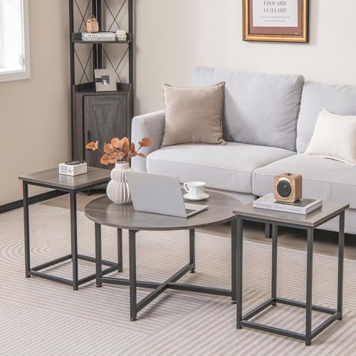 LIFEZEAL 3er Set Couchtisch, Kaffeetisch mit Quadratische Beistelltisch, Wohnzimmertisch aus Metallrahmen, Sofatisch Satztisch Modern Design, für Wohnzimmer Schlafzimmer (grau)