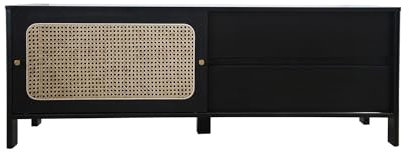CONCEPT USINE | Meuble TV 140 cm en Bois Noir et Cannage Rotin | Design Bali | Porte Coulissante + 2 Tiroirs | Nombreux Rangements | Design Contemporain Elégant | Meuble Fonctionnel et Intemporel