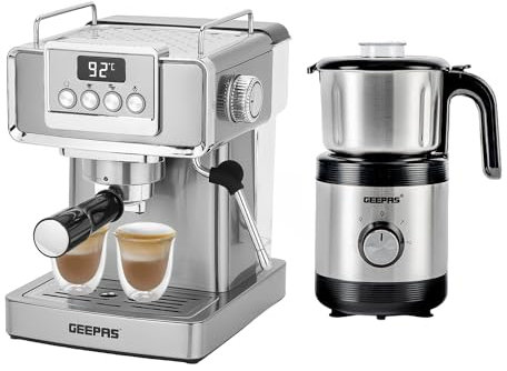 GEEPAS Espresso Coffee Machine & 450W Coffee Grinder Combo Set | 1465W Coffee Maker with Milk Frother | Electric Wet & Dry Coffee Grinder Mill for Spices Chutney, 800ML Capacity, 2 Speed Pulse