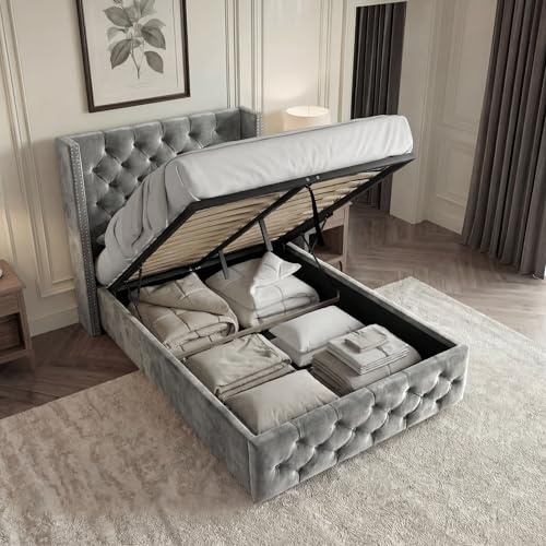 Blisswood Single Ottoman Bed Frame, 3ft Velvet Upholstered Wingback Bed with Deep Button Tufted Headboard and Footboard, Space Saving Gas Lift End Opening Under Bed Storage, Wooden Slats, Dark Grey