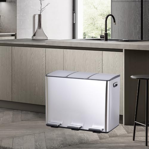 HYGRAD 3 Compartment Recycling Bin 45L Dual Compartments Kitchen Pedal Dust Bin Waste Bin Separation System (3x15L Compartments) (Silver)