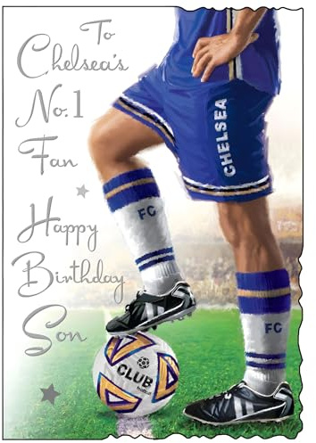Geburtstagskarte für Sohn, Chelsea-Fußball-Design, Chelseas Nr. 1-Fan, spezielle Oberflächen und illustriertes Blatteinsatz, hergestellt in Großbritannien