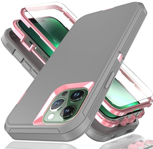 for iPhone 13 Pro Max Case iPhone 12 Pro Max Case 6.7-Inch with Explosion-Proof Screen Protector,3 in 1 Shockproof TPU Hard PC Bumper Drop-Proof Shell for iPhone 13 Pro Max/12 Pro Max-Gray/Pink