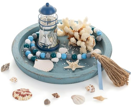 Hanobe Deko Tablett Holztablett Rund: Klein Dekotablett Strand Dekor Shabby Blau Muscheln Deko Tabletts - Vintage Kerzenteller Badezimmer Maritime Dekoration für Seestern Wohnzimmer Tischdeko