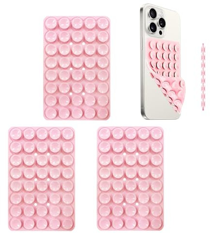 Xumann 3PCS Double Suction Phone Sticky Pad Grip, Silicone Phone Holder Case for Wall, 40 Grain Pink Square