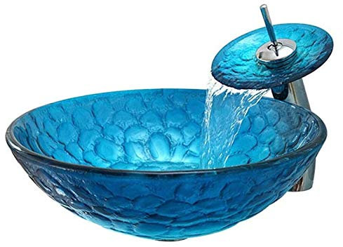 CYYHGD Meuble sous-Vasque avec lavabo, lavabo de Salle de Bain, lavabo de comptoir, lavabo Artistique en Verre trempé de 41,9 cm, Cuvette de lavabo de Salle de Bain de Forme Ronde Bleu