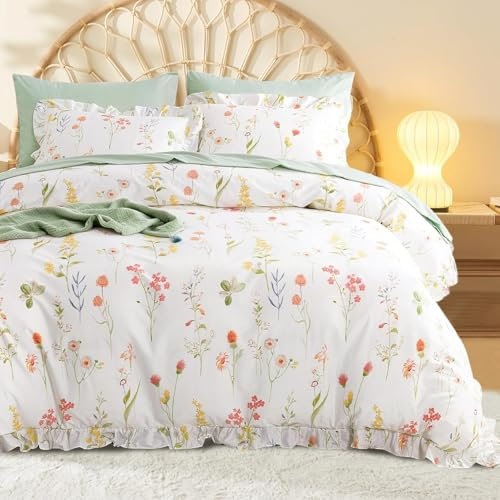 Sedefen Bettwäsche 135x200 mit Rüschen Weiß Grün Bunt Blumenmuster Bettwäsche aus Mikrofaser,ÖkoTex Bettwäsche Pflanzen Blätter mit Reißverschluss und 1 Kissenbezug 80x80 cm