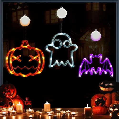 AUAUY Halloween Deko 3er-Pack Orange Kürbis weißes Geist lila Fledermaus Halloween Fensterlichter mit Saugnapf, Batteriebetriebene Innenbeleuchtung für Halloween-Fensterdekoration