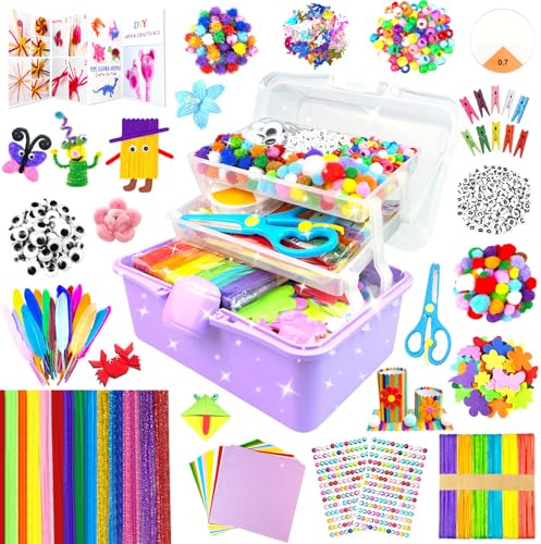 3000 Bastelset Kinder Basteln Bastelkoffer mit Pfeifenreiniger Bastelsets für Kinder im Alter von 4-6, 6-8, 8-12 DIY Schulbedarf Material Bastelbox Set Spielzeug Geschenke für Mädchen Jungen, Lila