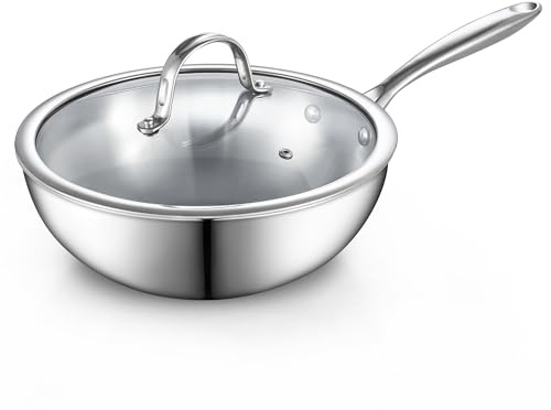 Cooks Standard Multi-Ply Clad Stainless Steel Wok Stir Fry Pan, 10.5 inch Induction Wok with Lid, Flat Bottom Wok, Silver