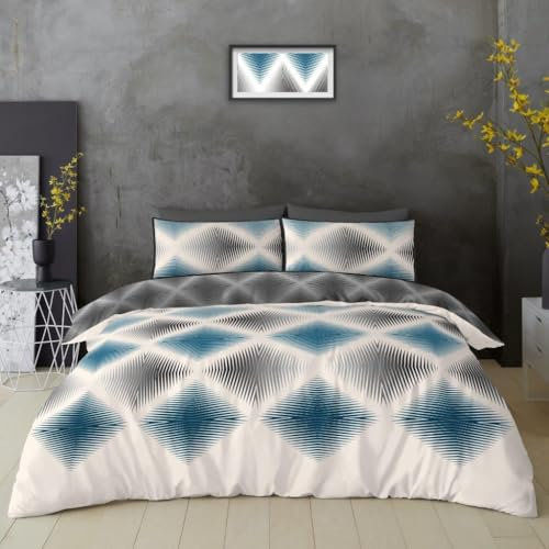 Lions 4 Piece Bedding Set with Fitted Sheet - King Size Duvet Cover Sets + Matching Pillowcases, Reversible Geometric Quilt Covers, Soft Poly Cotton Printed Shapes Bed Linen