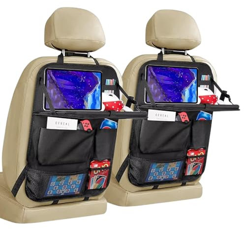 Resszo 2 Pack Car Seat Organiser Kids, Backseat Organiser with Foldable Tray Table, Large Car Organiser Back Seat with 6 Pockets, Tablet Holder for Kids Toy Storage