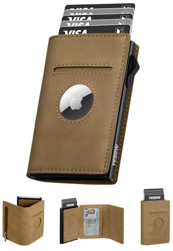 YESIIW Portefeuilles pour Homme avec Blocage RFID et Monnaie, Porte Carte Homme Pop-up AirTag pour Apple Air Tag, Portefeuille Homme avec Pince à Billets, Porte-Cartes pour Homme(Marron Clair)